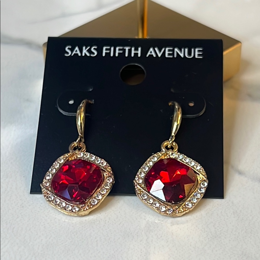 Saks Fifth Avenue Gold Earrings with Red Gemstones